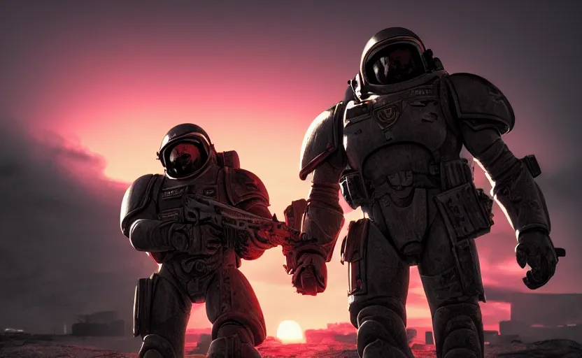 Prompt: gritty comic book cover, 2 beautiful woman space marines!, back to back firing heavy bolters, shouting, pretty eyes, sunset lighting, war silhouette in background, hyper realism, realistic shading, cinematic composition, blender render, octane render, hdr, detailed textures, photorealistic, ultrawide shot, 1 6 mm lens