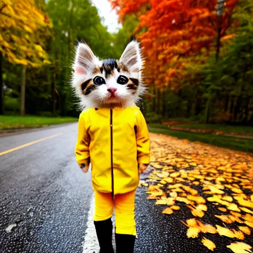Prompt: anthropomorphic cute kitten wearing a yellow raincoat and yellow boots getting off the schoolbus on the first day of kindergarten, with colorful fall leaves and light rain, critical moment photograph