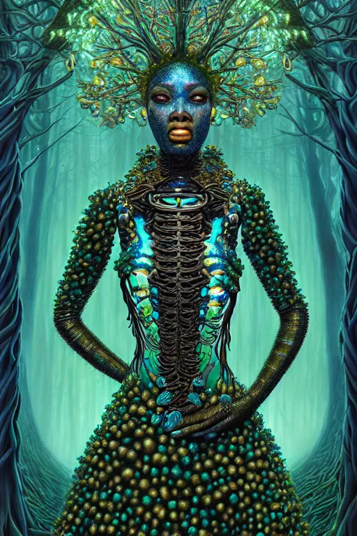 Image similar to hyperrealistic lowbrow super expressive! black woman with exoskeleton armor, merging with tree in a forest, highly detailed digital art masterpiece smooth cam de leon hannah yata dramatic pearlescent blue teal light ground angle hd 8 k sharp focus