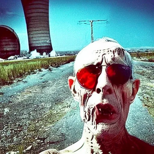 Image similar to last selfie of last alive scared ukrainian very damaged body to bones running from nuclear explosion