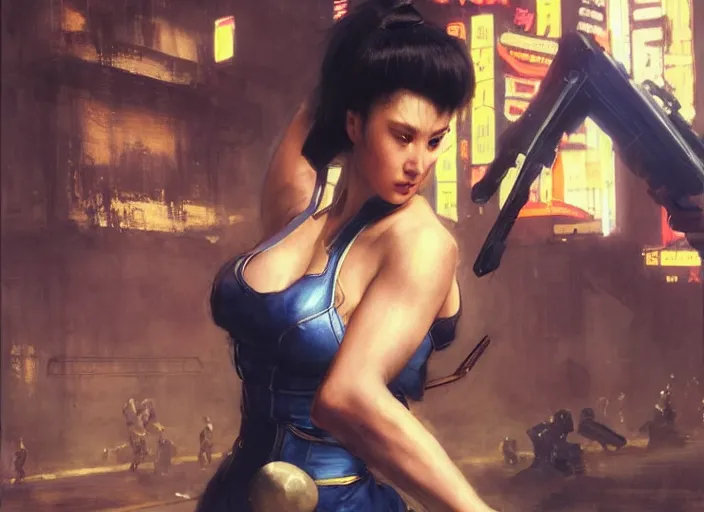 Image similar to chun li confronts thugs ( blade runner 2 0 4 9, cyberpunk 2 0 7 7 character design ). orientalist portrait by john william waterhouse and james gurney and theodore ralli and nasreddine dinet, oil on canvas. cinematic, hyper realism, realistic proportions, dramatic lighting, high detail 4 k