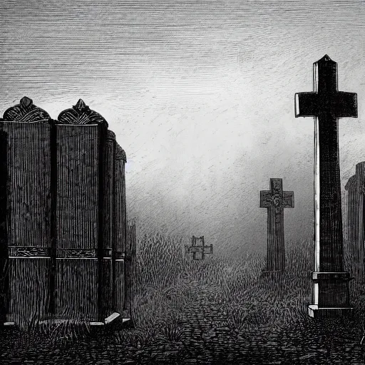 Prompt: nine steel barrels in a cemetery, creepy atmosphere, dark, realistic, illustration by gustave dore