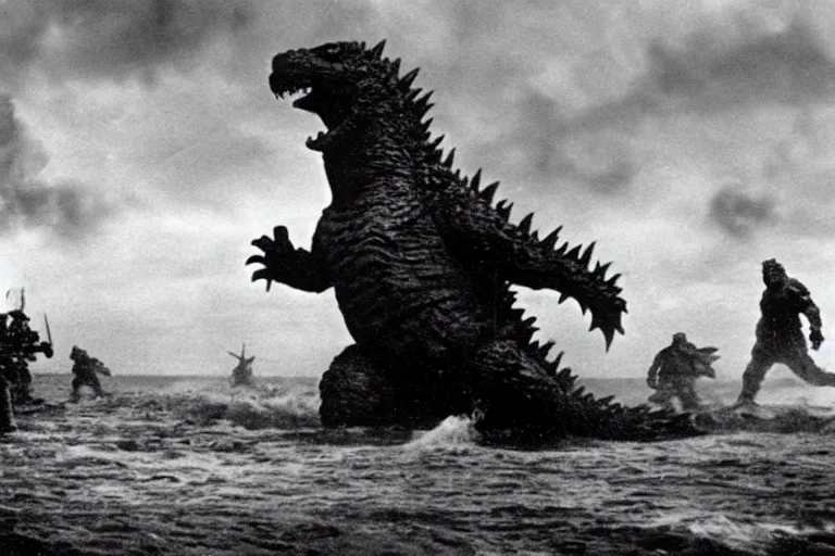 Image similar to film still godzilla! storming the beach of normandy in saving private ryan