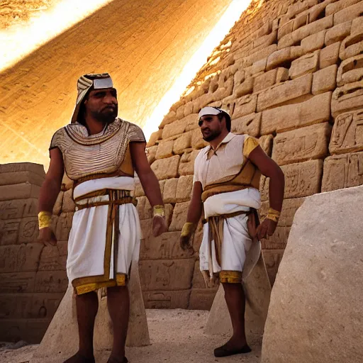 Image similar to egyptian workers wearing ancient clothing building the pyramids, historical reenactment, incredibly detailed, dramatic lighting, cinematic lens flare, 3 5 mm digital photo