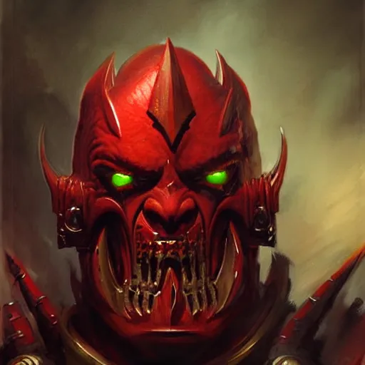Prompt: Facial portrait. Warhammer 40K, Khorne. looking at the camera, slight evil smile. fear inspiring mood, intimidating, extremely detailed painting. by Greg Rutkowski and by Henry Justice Ford and by Steve Henderson.