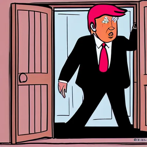 Prompt: cartoon donald trump walking through a door