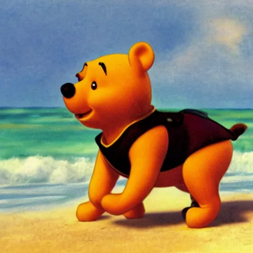 Prompt: adolf hitler riding winnie the pooh pickyback on the beach, high resolution