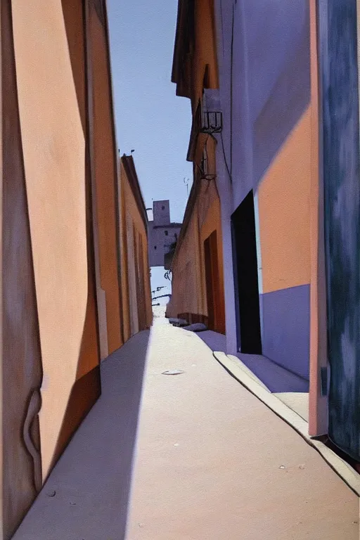 Image similar to deserted street in colonia El Viso, Madrid, realist painting by María Moreno, 1981