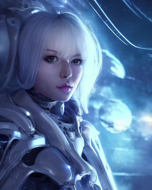 Image similar to perfect android girl on a mothership, warframe armor, beautiful face, scifi, futuristic, galaxy, nebula, raytracing, dreamy, long white hair, blue cyborg eyes, sharp focus, cinematic lighting, highly detailed, artstation, divine, by gauthier leblanc, kazuya takahashi, huifeng huang