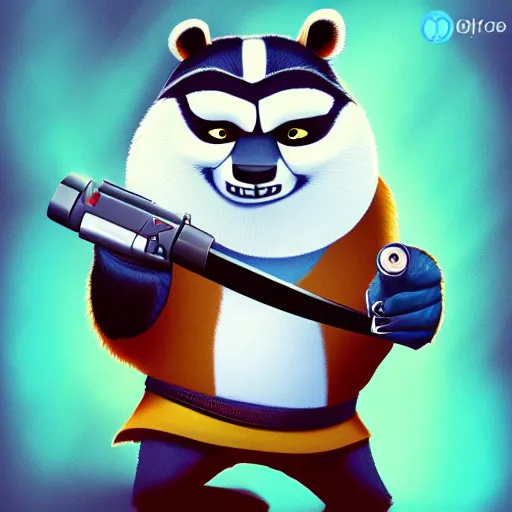 Prompt: “ portrait of a racoon in the style of kung fu panda and assasin ’ s creed holding laser gun, with a black background, digital art, award winning, trending on art station, retro style ”