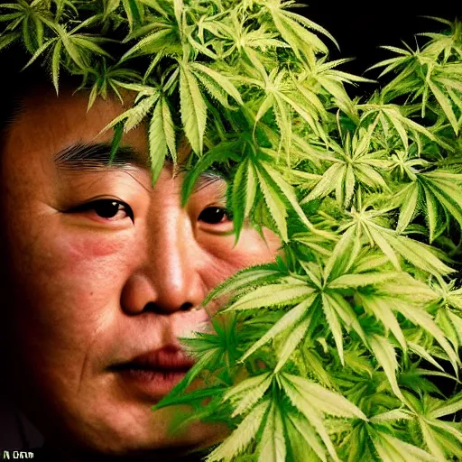 Image similar to araki nobuyoshi style photography of detailed north korean kim chen with detailed face smelling detailed weed bush