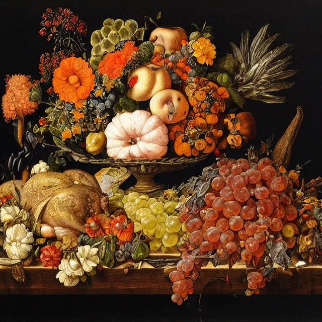 Prompt: thanksgiving supper, flowers and fruit on a wooden table, black background!, still life by giuseppe arcimboldo, vanitas!!, pinterest, maximalist, intricate high detail masterpiece