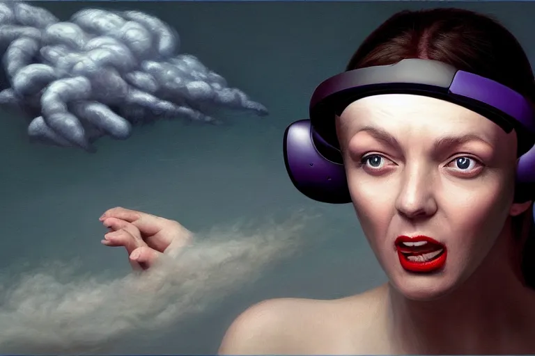 Image similar to a woman with a vr headset has a pill on her tongue and is hallucinating, a swirling cloud of pill by gerald brom, trending on artstation