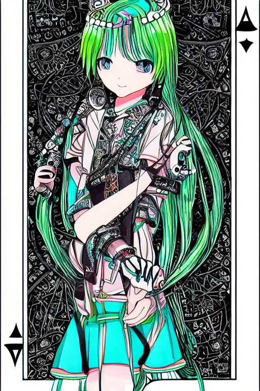 Image similar to hatsune miku, intricate, amazing line work, colorful, tarot cards, the devil tarot card