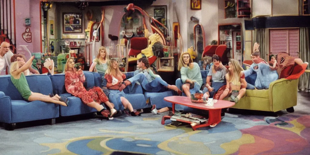 Prompt: 1990s photo of inside the Friends Show roller coaster at Universal Studios in Orlando, Florida, riding a sofa roller coaster through the Friends apartments , cinematic, UHD