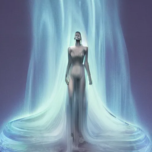 Prompt: Art by Andrew Chiampo and Frederik Heyman, a highly detailed digital art rendering and concept design of a breathtaking young ethereal woman elegantly positioned and entwined in fluid chromatic neon trails, Fantasy, hyperrealism, 4k, volumetric lighting, three dimensions, a digitally altered world, user interface design, 3D modeling, illustration, and transportation design