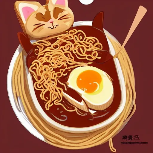 Prompt: fat cat eating ramen noodles on toast, japanese art artstation trending