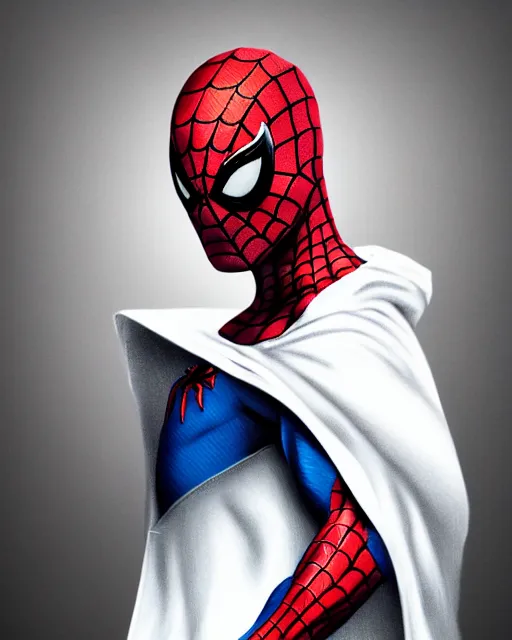 Image similar to spiderman in a white hood, 8 k photo, portrait, dynamic lighting, fantasy concept art, trending on art station, stunning visuals, creative, cinematic, ultra detailed, comic strip style