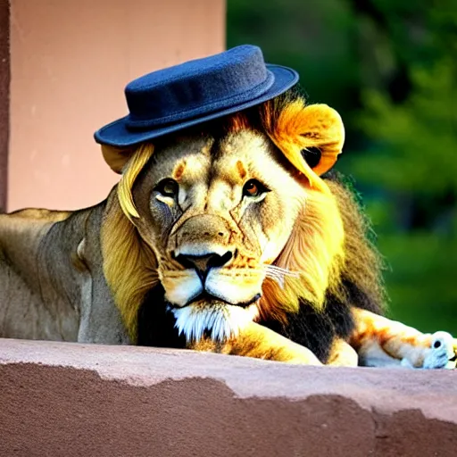 Image similar to lion at the zoo wearing a hat