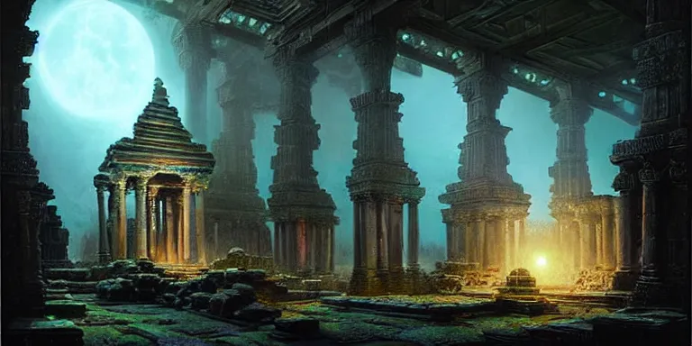 Image similar to beautiful hyperrealistic spectacular painting of the mysterious intricate ruins of the mysterious ancient temple, an advanced alien technology timemachine with a green glowing crystal from the future is inside the temple, by hubert robert and lee madwick and bastien lecouffe deharme, dramatic moonlight lighting, advanced technology