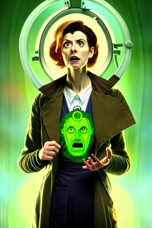 Image similar to doctor who, woman, as a mad dentist, on a plain green background, art by artgerm and greg rutkowski and alphonse mucha