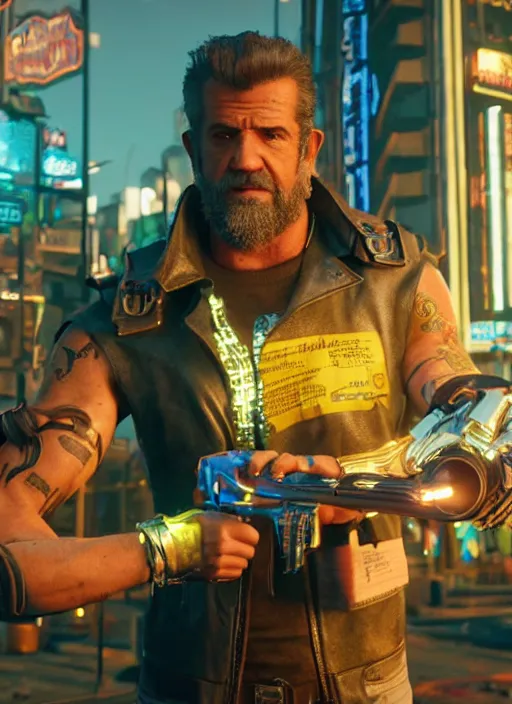 Image similar to film still of Mel Gibson as Johnny Silverhand in Cyberpunk 2077, gameplay, 8k, HD