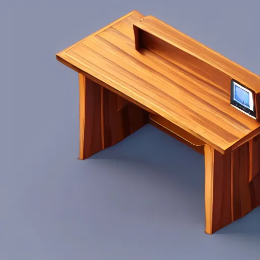 Prompt: a 3 d object of the wooden desk, isometric game, mobile game, centralised, mohamed chahin, blender cycles render, solid colours material, no background and shadows