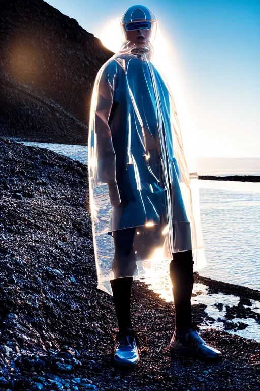 Image similar to an ultra high definition professional high fashion portrait studio full length photograph of a male model wearing a transparent pearlescent raincoat and neon visor planking in an icelandic black rock environment at dawn. no artefacts. extremely detailed. stark. refraction. shallow depth of field. volumetric light and shadow. ray tracing. light rays.