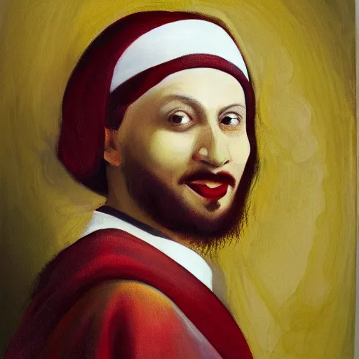 Image similar to Oil painting, Portrait of Muslim Ronald mcdonald wearing a thobe in the style of Johannes Vermeer