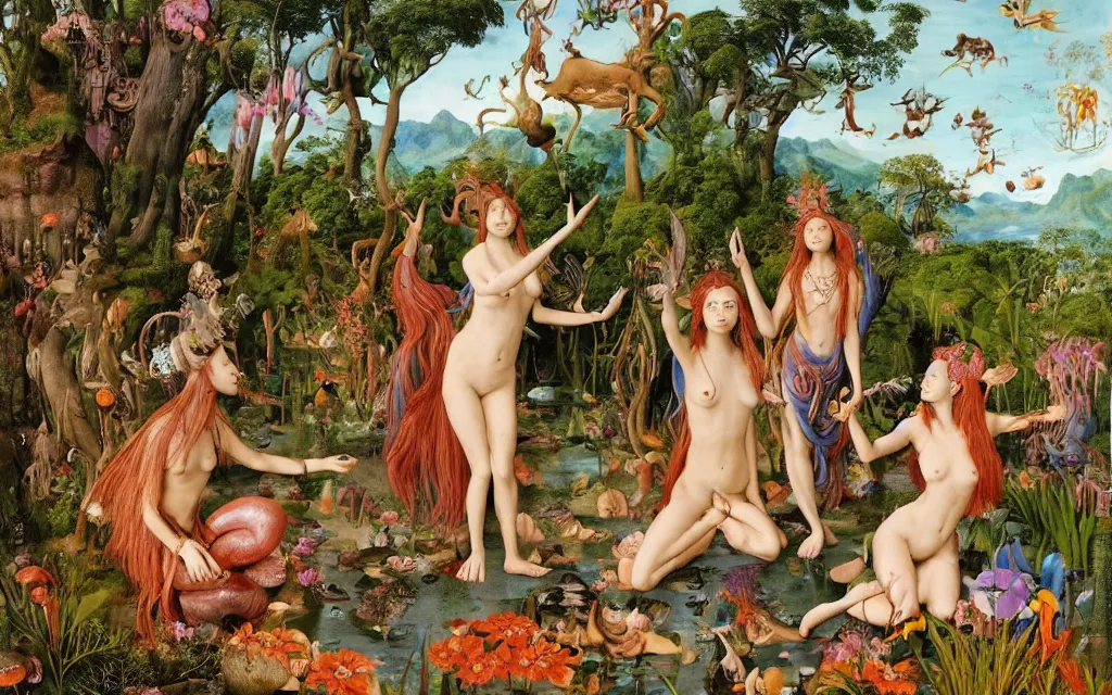 Image similar to a portrait photograph of a meditating mermaid shaman and a centaur monk feeding tropical animals at a wide river delta. surrounded by bulbous flowers, elephants, trees and mushrooms. mountain range under a vast blue sky of burning stars. painted by jan van eyck, max ernst, ernst haeckel and artgerm, cgsociety, artstation, fashion editorial