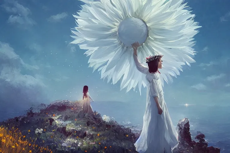 Prompt: huge white daisy flower worn as a crown, girl standing on cliff, surreal photography, solar eclipse, stars, dramatic light, impressionist painting, clouds, digital painting, artstation, james gilleard, liam wong, jeremy mann, simon stalenhag