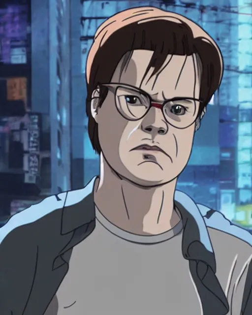 Image similar to a still of dwight schrute in ghost in the shell. anime style. highly detailed.