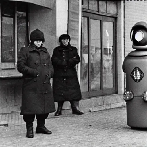 Image similar to photo of the first russian robot policeman guarding a vodka store, babushkas visible in the background