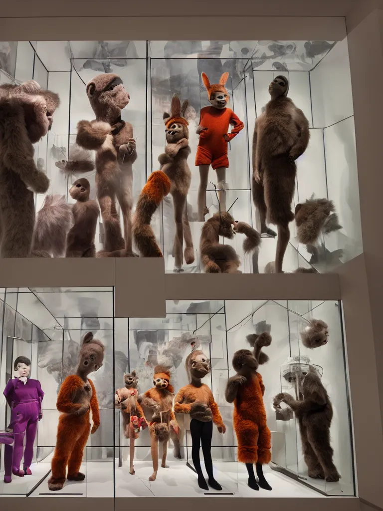 Image similar to diorama windowstore vitrine at the american museum of natural history, new york, of very realistic dissected teletubbies as furry animals, photography portrait aesthetic by guy bourdin