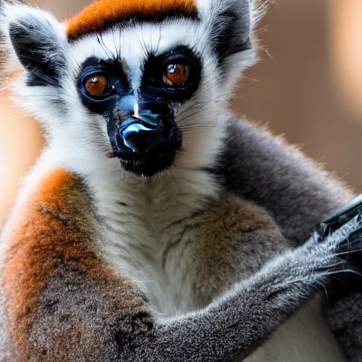 Prompt: photo of a lemur sitting on a rocket