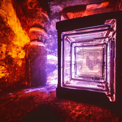 Prompt: glowing translucent cube in las pozas, cyberpunk, dark room, science fiction magazine, cut out collage, 4 k close up, wide angle