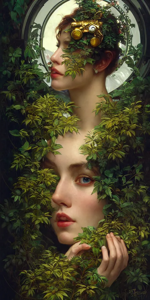 Image similar to hyper realistic photographer looking through a vintage medium format camera, design on white background, beautiful details, lush foliage cyberpunk, gold, drawn by john singer sargent, tom bagshaw, norman rockwell, alphonso mucha, lolish, trending on artstation