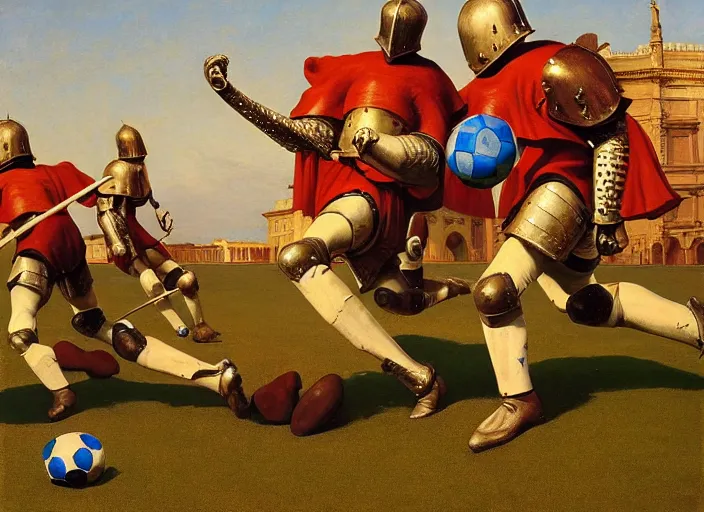 Image similar to knights in armor playing soccer, rome, highly detailed, soft lighting, elegant, works by edward hopper and james gillard, zdislaw beksinski, stephen outram, andreas m wiese, highly detailed