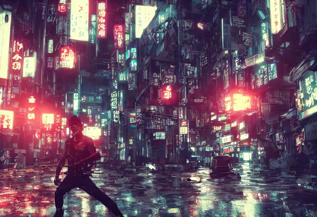 Prompt: film by madhouse and by takeshi koike, tokyo streets cyberpunk style, max payne blood, trending on artstation, cinematic composition, golden ratio, perfect composition, color balance, physical correct light shadows, octane render 8 k