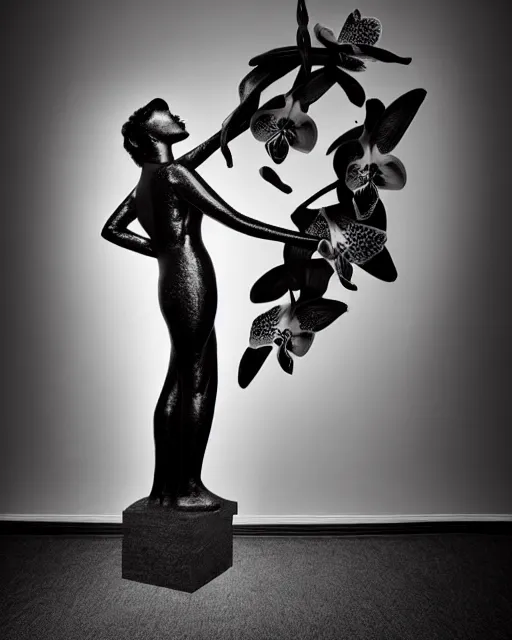 Prompt: surreal mythical dreamy dark artistic black and white fine art photo of a monumental wax sculpture of a female, orchid, bird, cybor