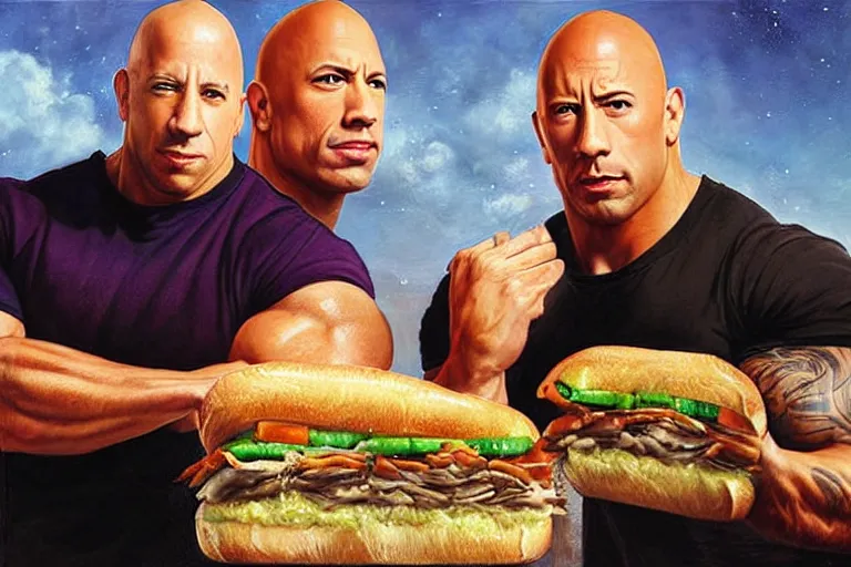 Image similar to portrait of vin diesel and dwayne the rock johnson sharing a footlong sub sandwich, an oil painting by ross tran and thomas kincade