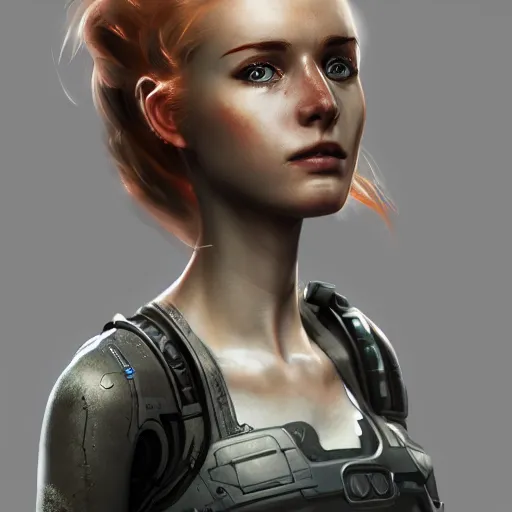 Image similar to beautiful female android, full round face, short smile, full body, post apocalyptic setting, medium shot, mid-shot, highly detailed, trending on Artstation