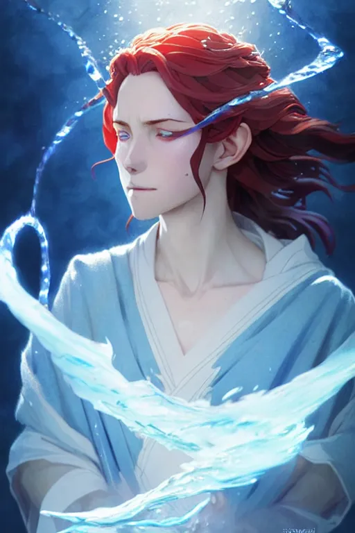 Image similar to elvish female sorcerer doing water magic spells, blue robes, red hair, finely detailed perfect face, exquisite details, mid view, design on a white background, by studio muti, greg rutkowski makoto shinkai takashi takeuchi studio ghibli