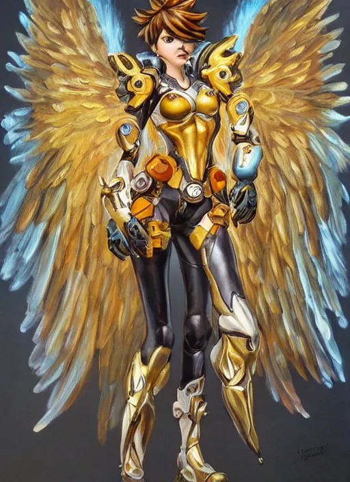 Image similar to full body oil painting of tracer overwatch in the style of jean deville, angel wings, angelic golden armor, dramatic painting, symmetrical composition, ornate, high detail, gold detailed collar!!!!!, blooming, lights, flowers, detailed face,