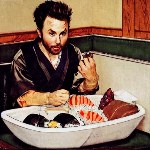 Prompt: Charlie Day eating sushi out of a white toilet bowl, Norman Rockwell,