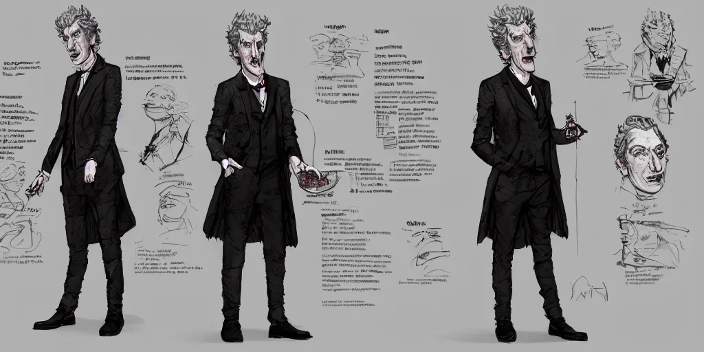 Image similar to cartoonish peter capaldi eating dinner, character sheet, fine details, concept design, contrast, kim jung gi, greg rutkowski, trending on artstation, 8 k, full body, turnaround, front view, back view, ultra wide angle