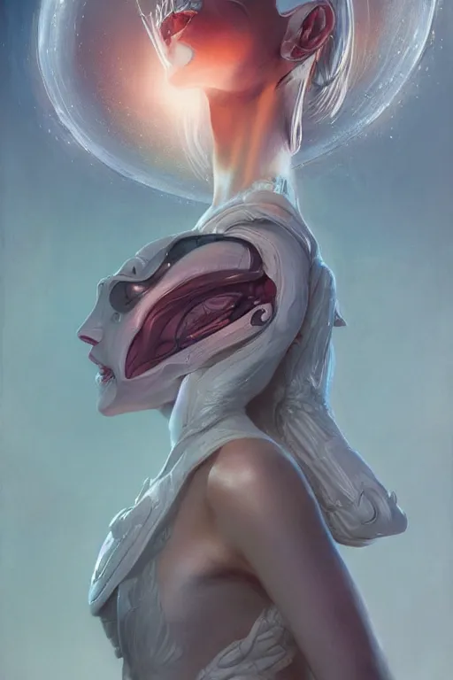 Image similar to a subtle lighting photo of an elegant beautiful alien queen, light colors, bright, sunbeams, eloquent, fancy, lovely, beautiful lighting, artgerm, tom bagshaw, gerald brom,