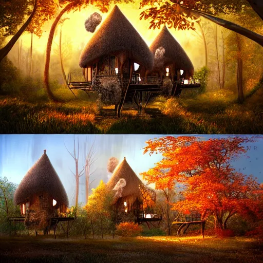 Prompt: a handful of tree houses complete with chimneys with puffs of smoke, nestled in a forest, thatched roofs, golden hour, autumn leaves, ethereal, realistic high quality art digital art trending on artstation