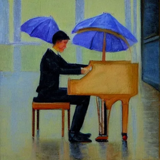 Prompt: A pianist playing piano on a rainy day in a coffee shop. There is a decent amount of people watching and enjoying the music, Impressionism art