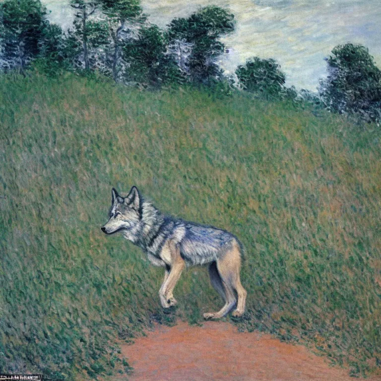 Image similar to Majestic wolf walking through a sand dune on the heath. Painting by Claude Monet (1872)